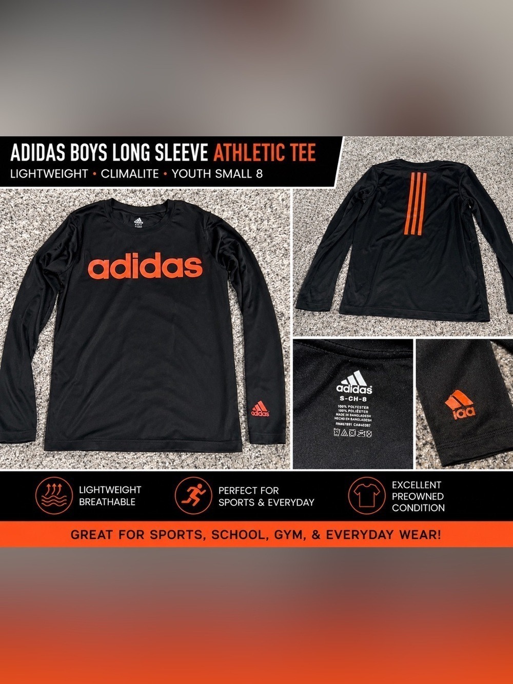 Adidas Boys Black Orange Long Sleeve Athletic Tee Youth Small 8 Climalite